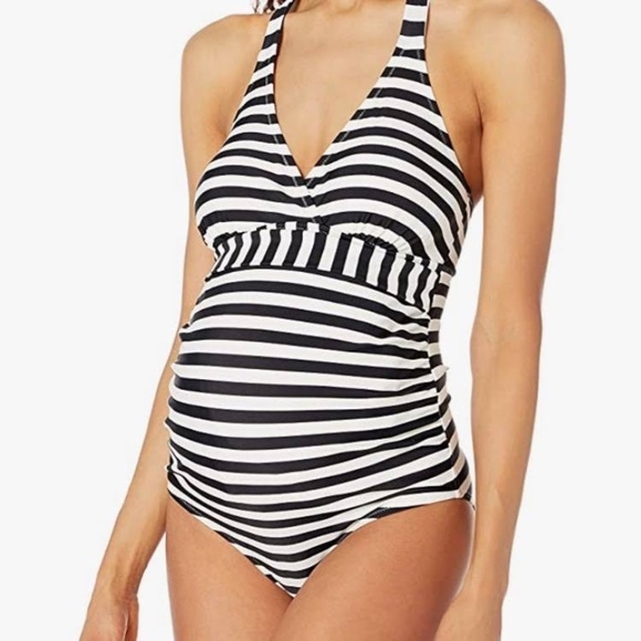Motherhood Maternity Other - Motherhood Maternity Beach Bump NWT One Piece Swimsuit Black White Stripe Halter